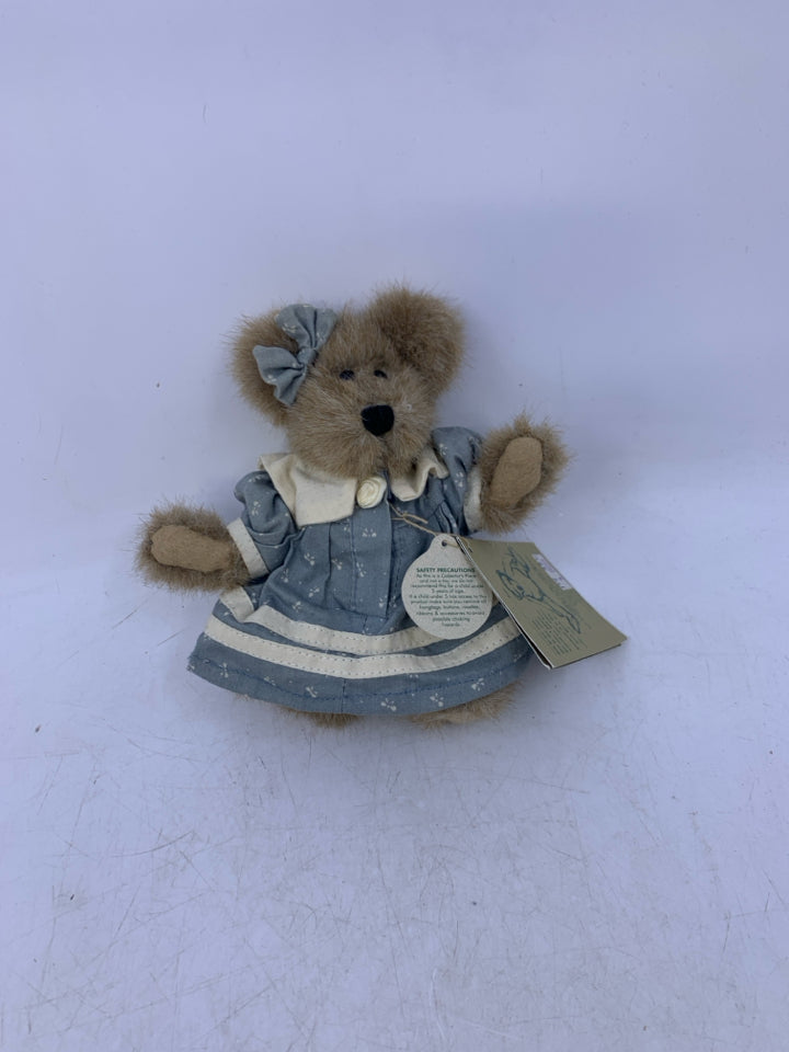 MINI BROWN BEAR W/ BLUE WHITE DRESS BOW IN EAR BOYDS BEAR.