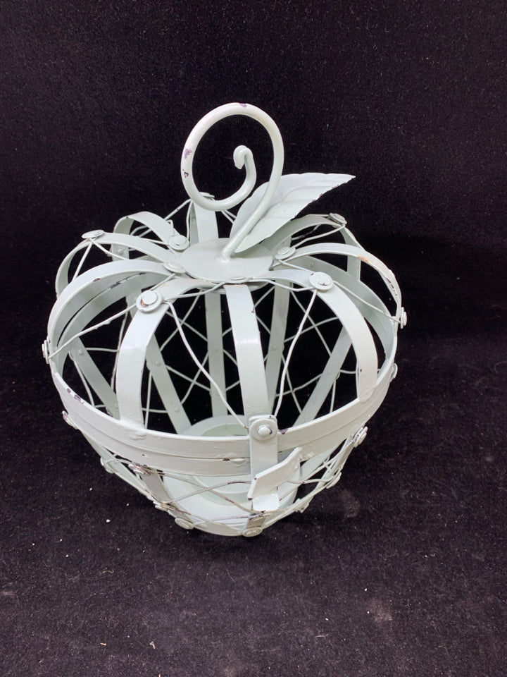 SAGE GREEN METAL APPLE SHAPED LANTERN CANDLE HOLDER.
