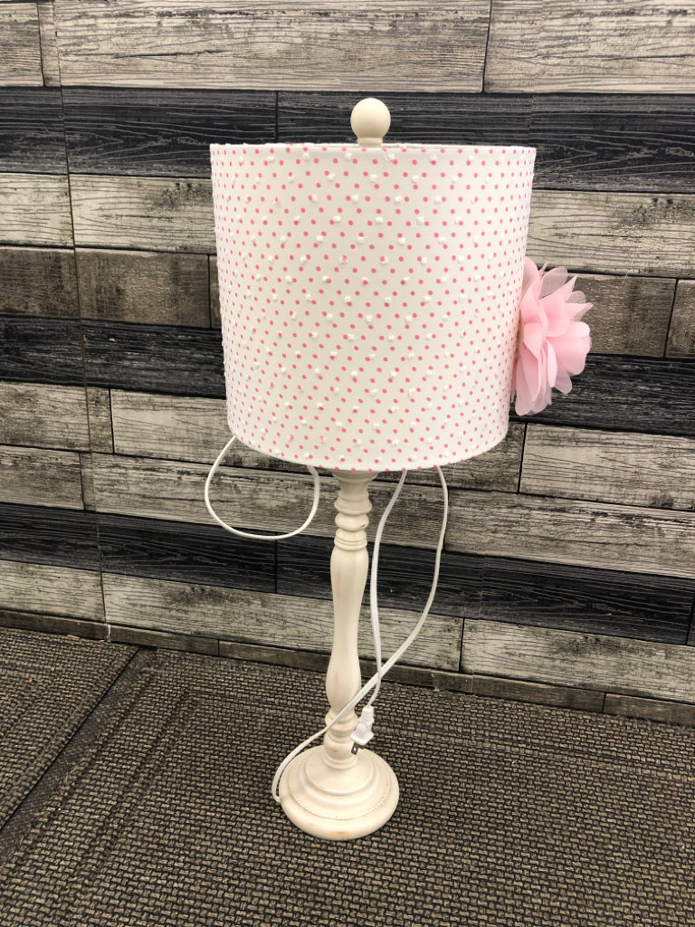 DISTRESSED WHITE BASE LAMP W PINK SHADE.