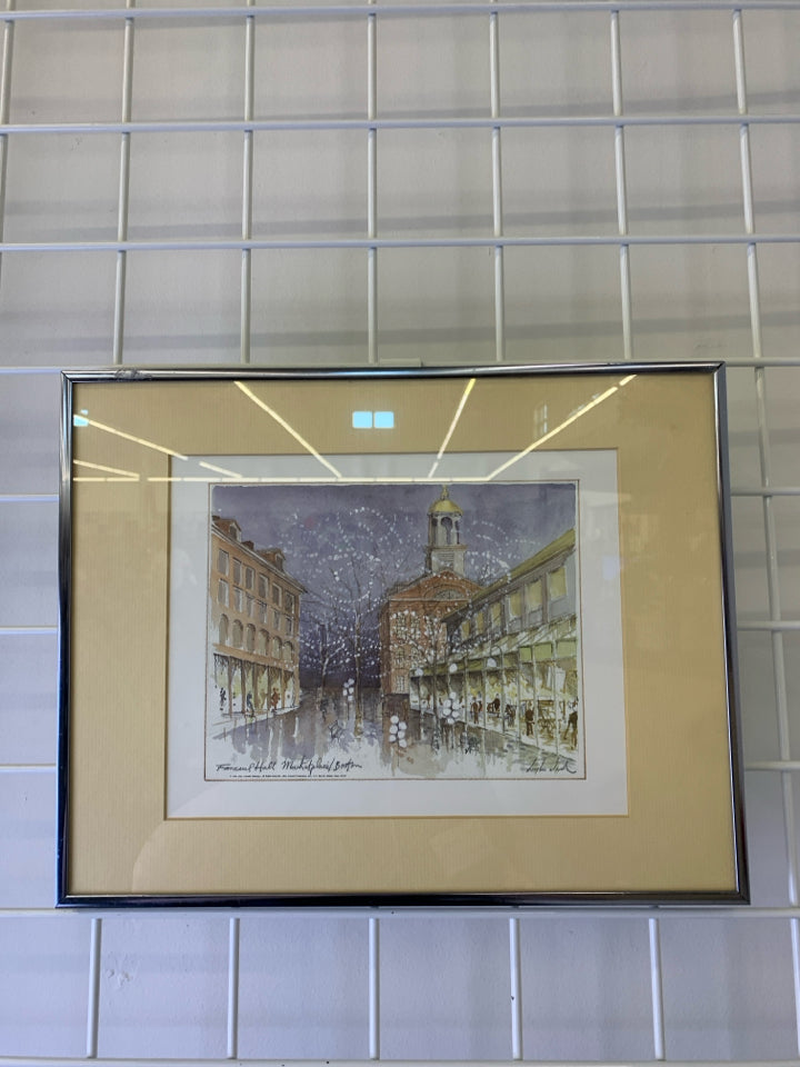 SNOW FANEUIL HALL CITY SCAPE FRAMED PRINT.