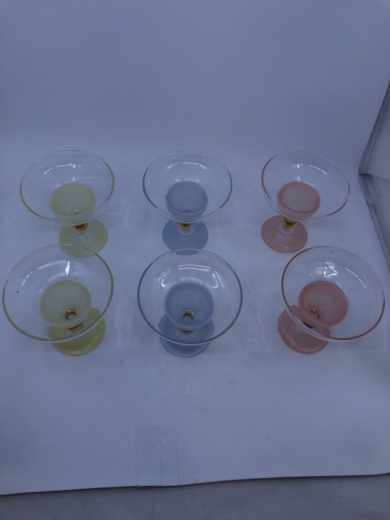 6 VTG COLORFUL SHORT COCKTAIL GLASSES-PINK, YELLOW, BLUE.