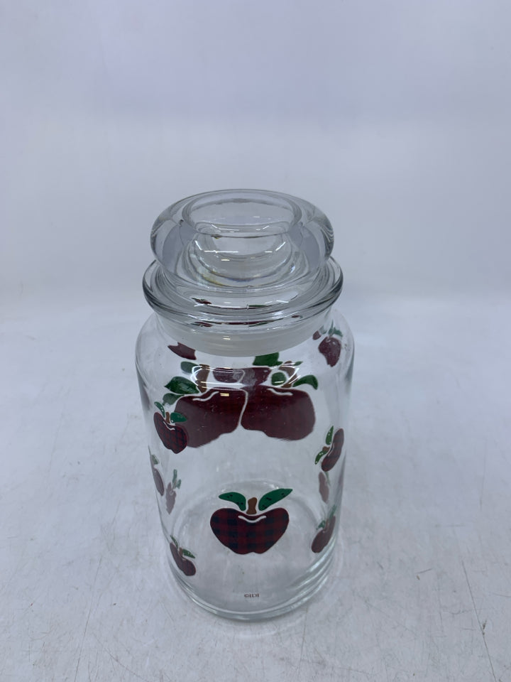 CLEAR GLASS CANISTER W/ PRINTED CHECKERED APPLES.