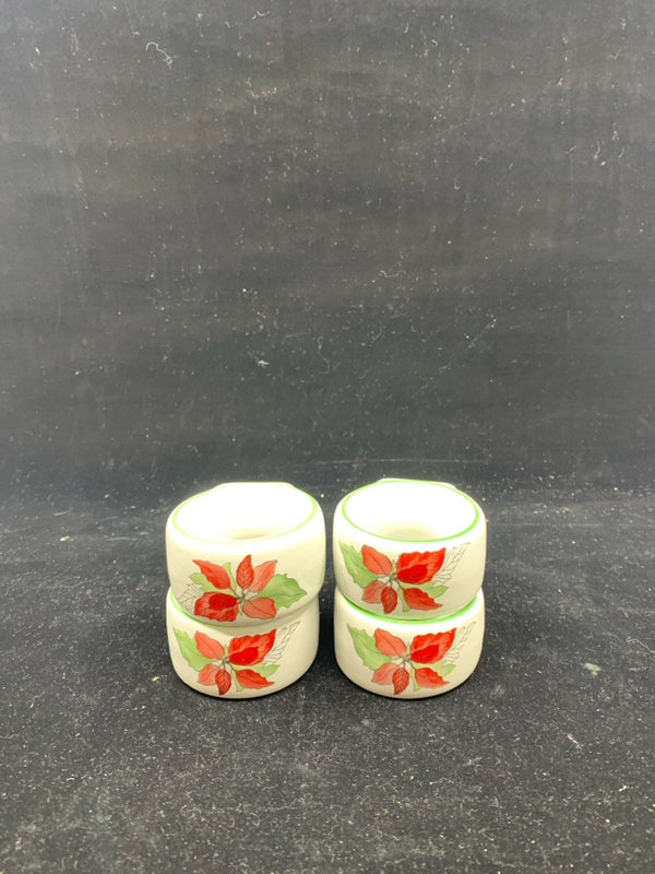 4 BLOCK BERNARDA CERAMIC POINSETTIA FLOWERS NAPKIN RINGS.