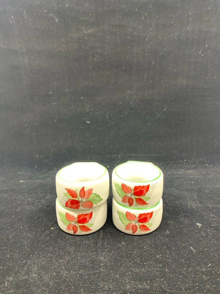 4 BLOCK BERNARDA CERAMIC POINSETTIA FLOWERS NAPKIN RINGS.