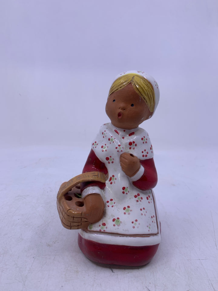 TERA COTTA BLONDE GIRL KNEELING W/ BASKET RED DRESS INSENSE HOLDER.
