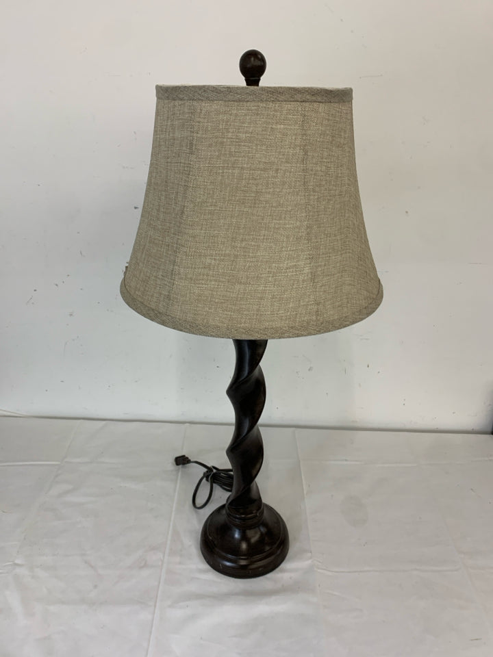 TALL BROWN SWIRL BASE LAMP W CREAM SHADE.