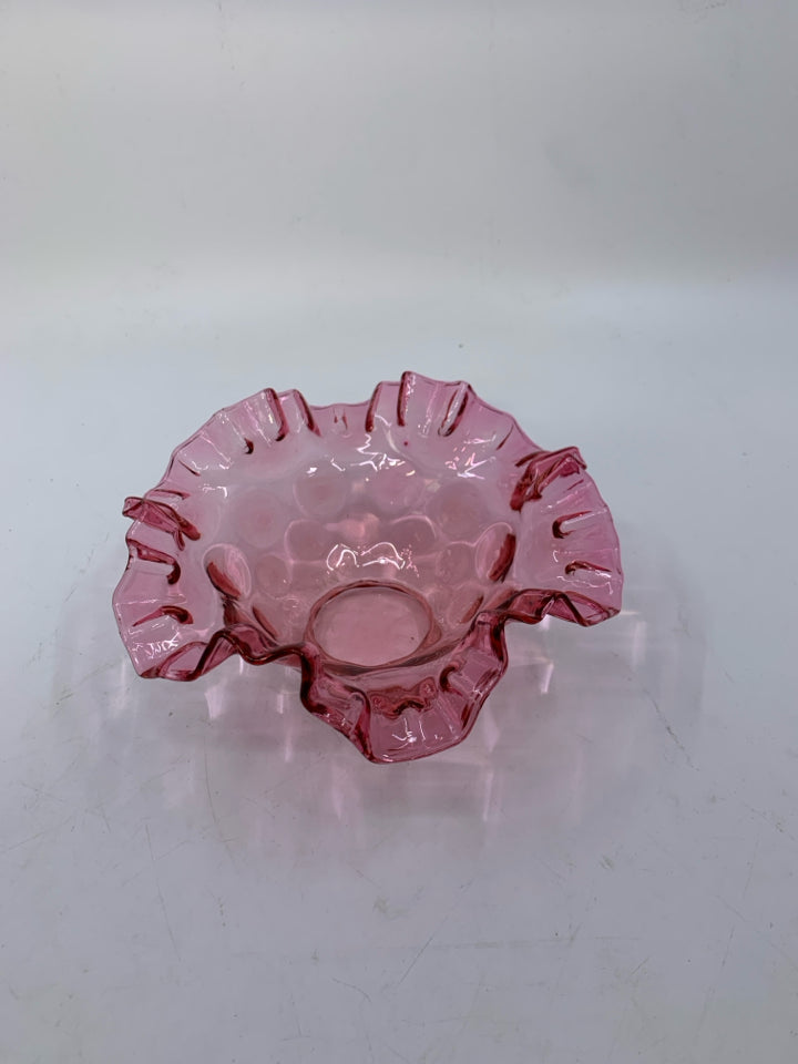 BLOWN GLASS BLUSH PINK CANDLE DISH W/ RUFFLED EDGE.