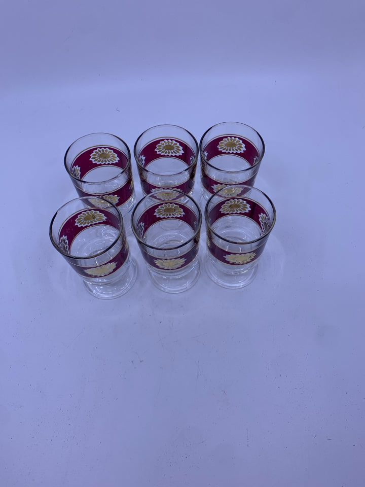 6 VTG SMALL FOOTED LIQUOR GLASSES W RED+ GOLD DETAILS.