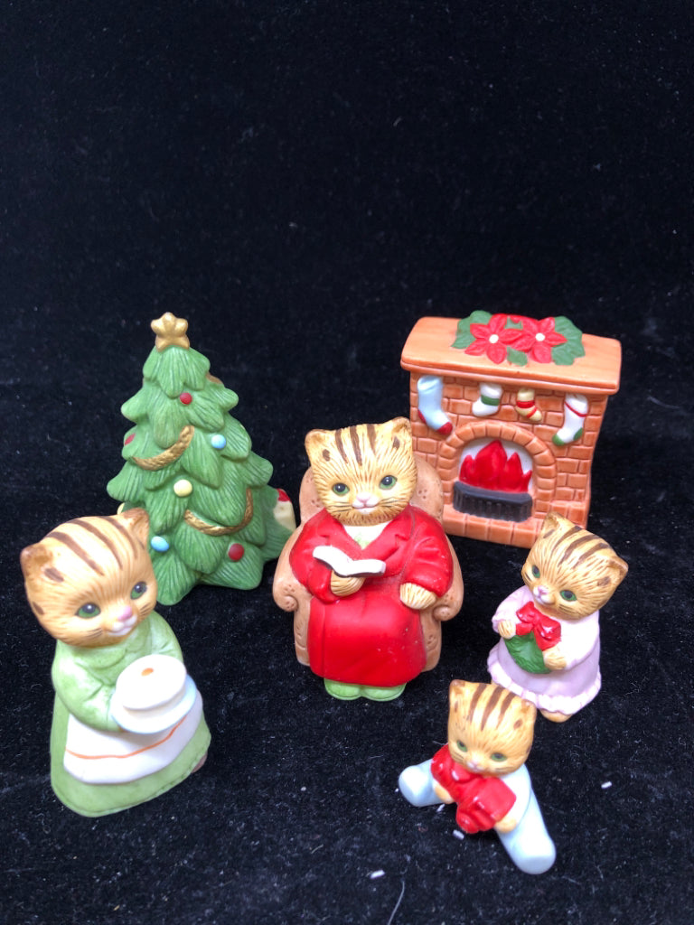6PC CAT FAMILY, TREE, FIREPLACE CERAMIC FIGURINES.
