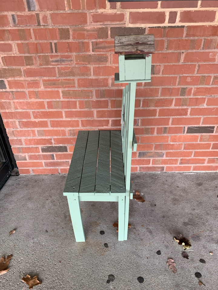 PRIMITIVE TEAL FENCE LIKE GARDEN BENCH W/ SMALL BIRD HOUSE.