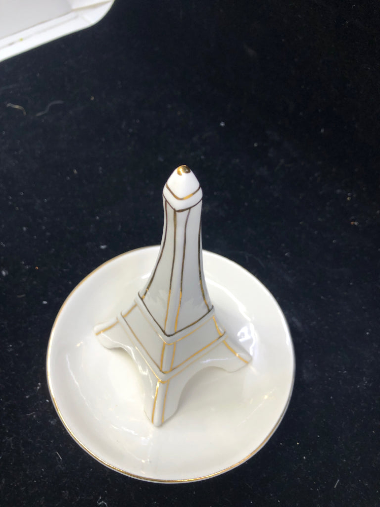 EIFFEL TOWER WHITE W/ GOLD TRIM JEWELRY BOWL.