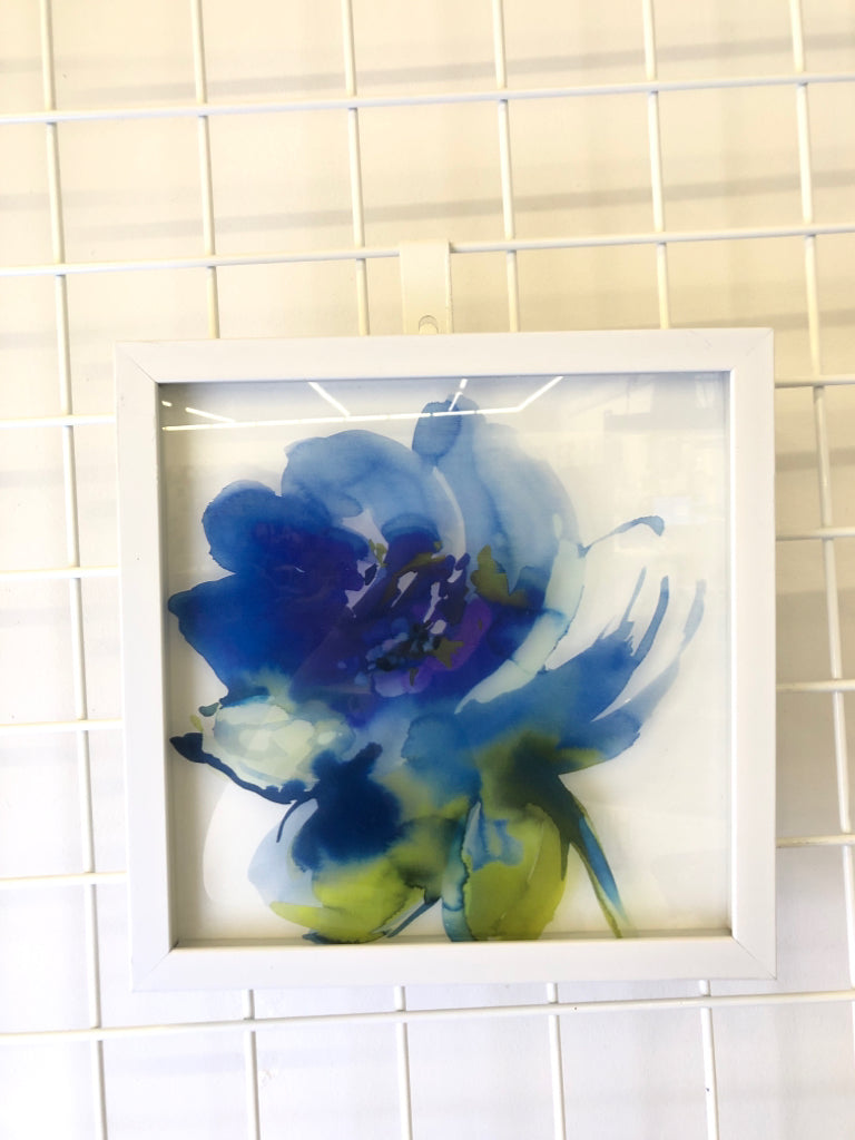 WHITE SHADOW BOX FRAME, BLUE/GREEN FLOWER.