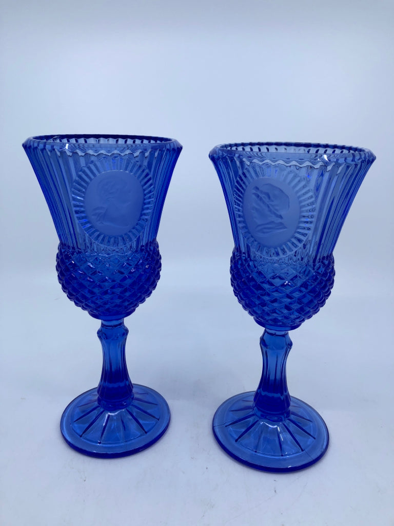 2 DARK BLUE WASHINGTON RIBBED WINE GLASSES.