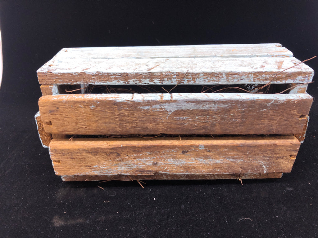 DISTRESSED BLUE WOOD BASKET W TWIG FILLER.