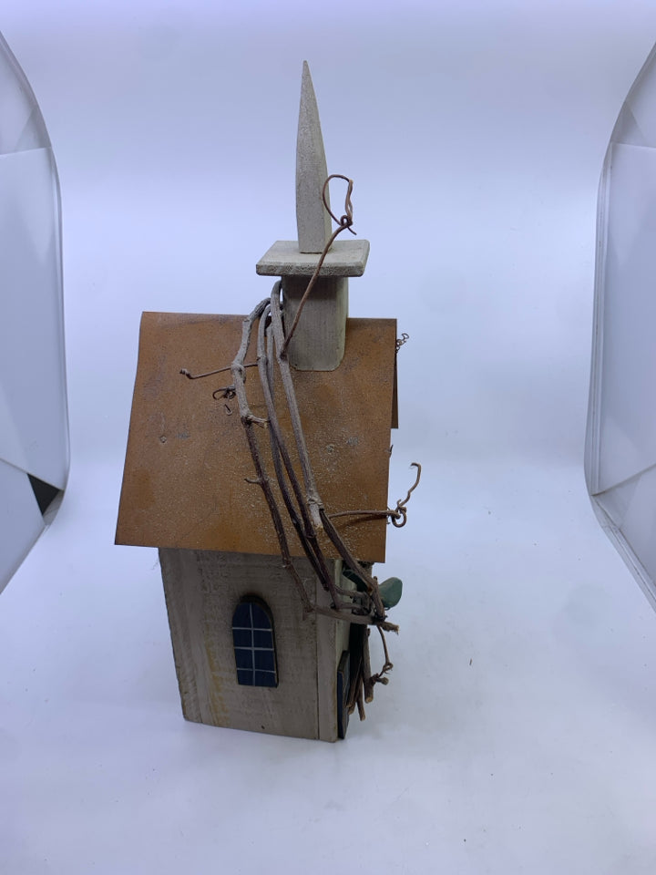 RUSTIC WOOD STEEPLE W/TWIGS & BLUE BIRDS.