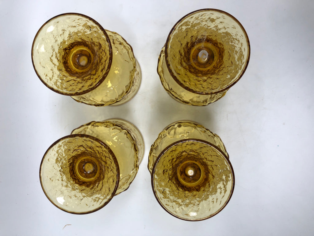 4 VTG AMBER GLASS FLORAL ETCHED GOBLETS.