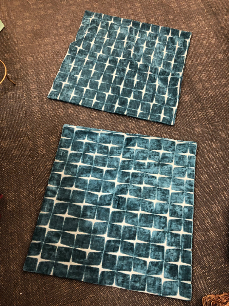 2 TEAL VELVET GEOMETRIC PILLOW COVERS.