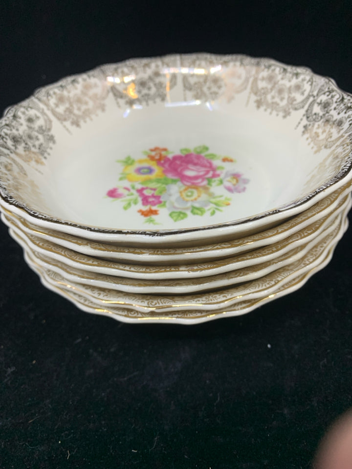 6 VTG DESSERT BOWLS IVORY GOLD DESIGN W/ COLORFUL BOUQUET.
