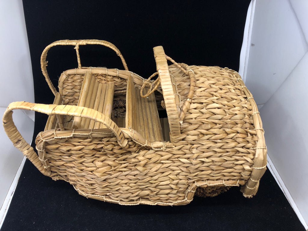 WICKER CAR W/ STEERING WHEEL & HANDLES.