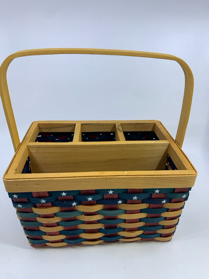 WOVEN AMERICANA UTENSIL HOLDER W/WOODEN HANDLE.