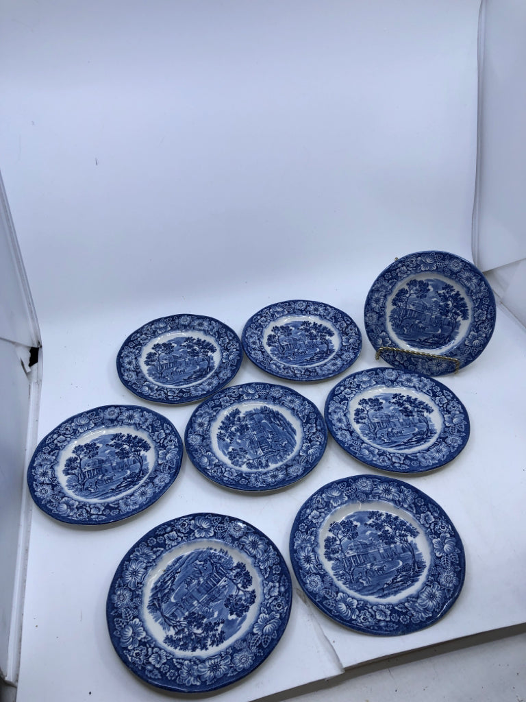8 VTG LIBERTY BLUE DESSERT PLATES.