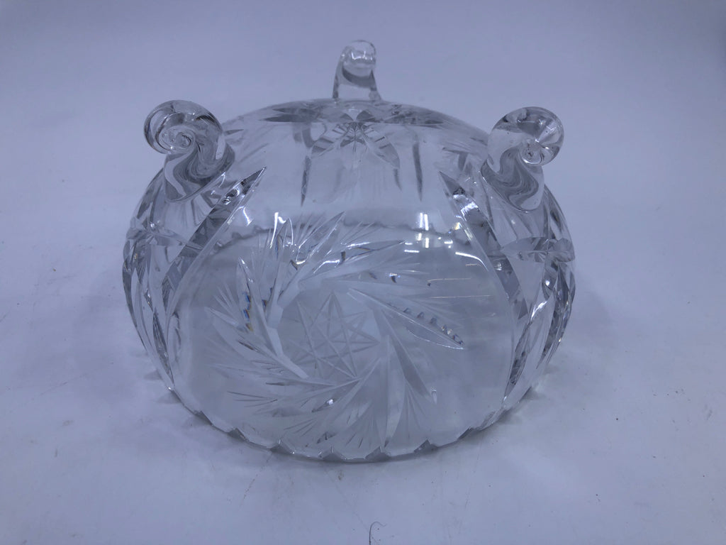 FOOTED ETCHED CUT GLASS CANDY DISH.