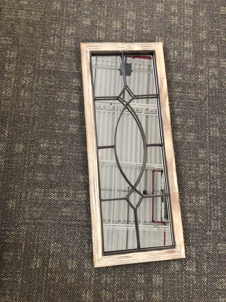 METAL LINED MIRROR W/WOOD BORDER.