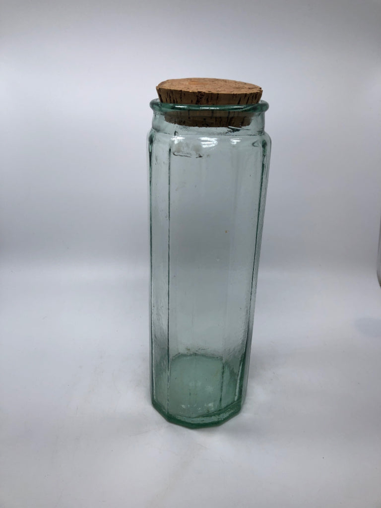 TALL GREEN GLASS CANISTER W/CORK LID.