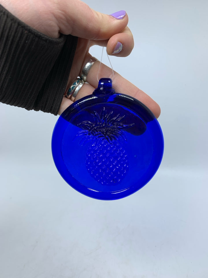 COBALT BLUE GLASS CIRCLE EMBOSSED PINEAPPLE.