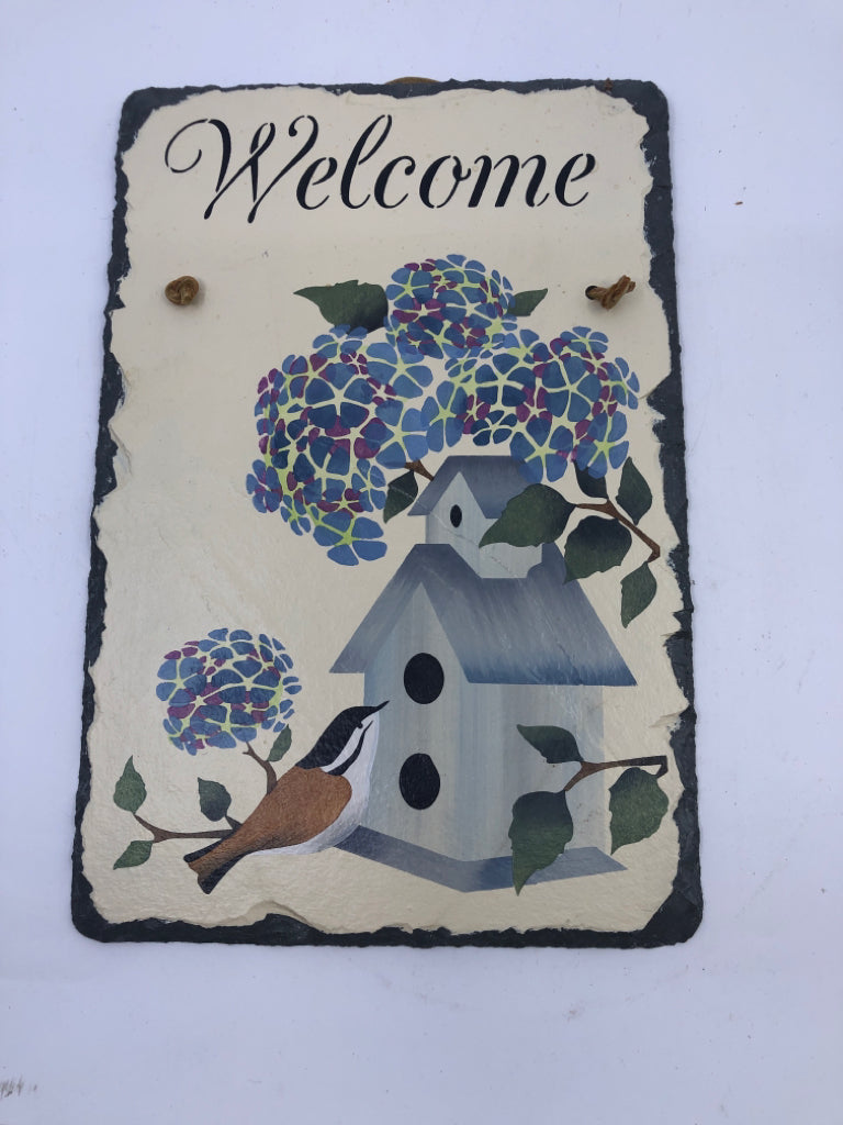 BLUE FLORAL W BIRDHOUSE WELCOME SLATE.