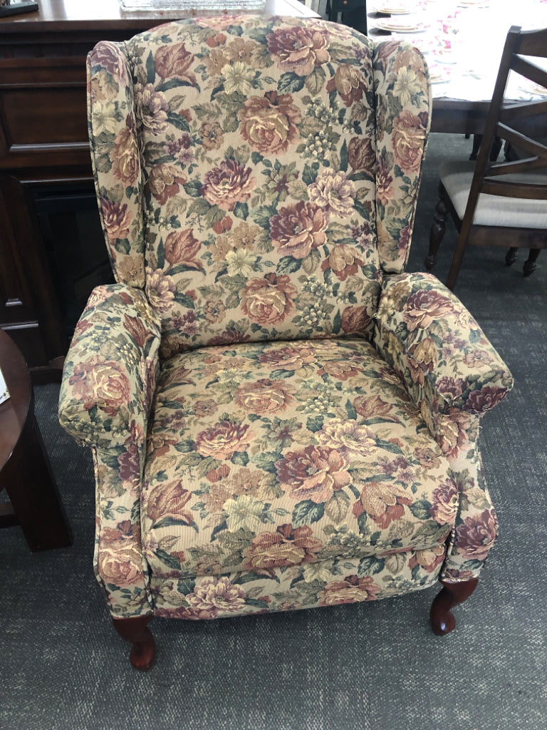 DARK ROSE PATTERN RECLINER W/ ARM COVERS.