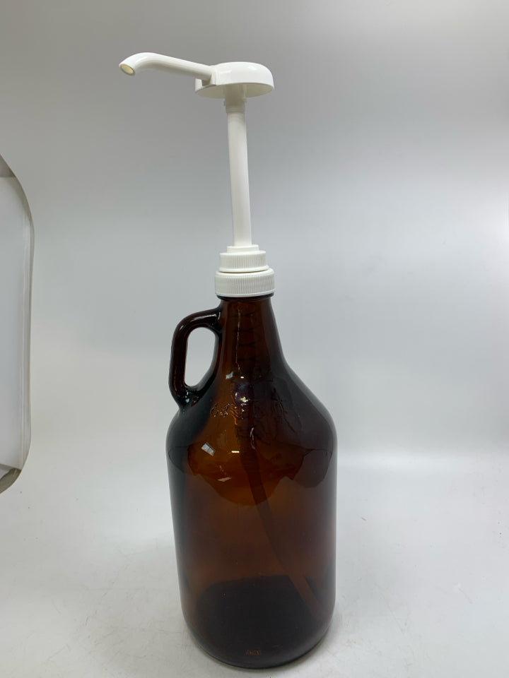 DARK BROWN GLASS 64 OZ JUG W/ PLASTIC PUMP.