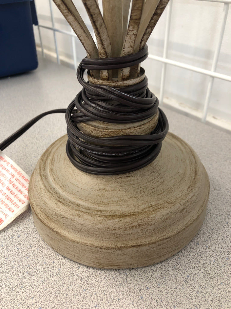 DISTRESSED METAL SWIRL LAMP W/BARREL SHADE.
