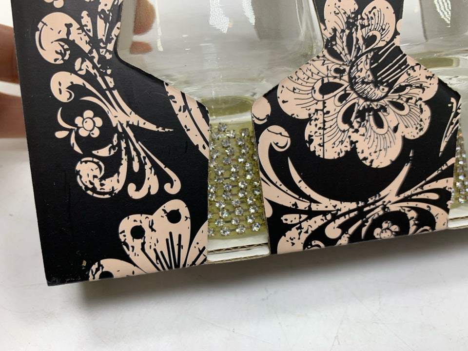 NIB 4 JEWELED STEM SHOT GLASSES.