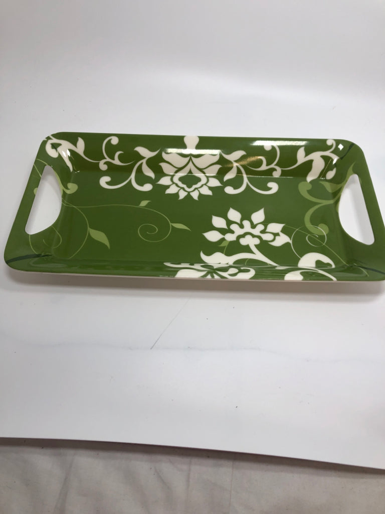 GREEN FLORAL SCROLL MELAMINE TRAY WITH CUTOUT HANDLES.