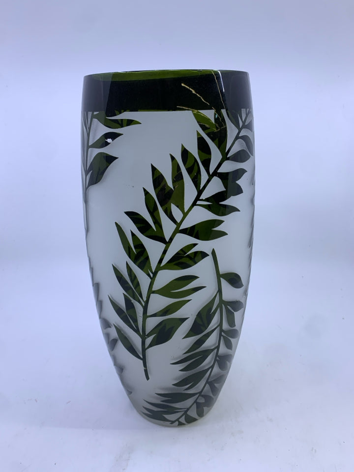 FROSTED GLASS VASE W/ GREEN LEAVES.