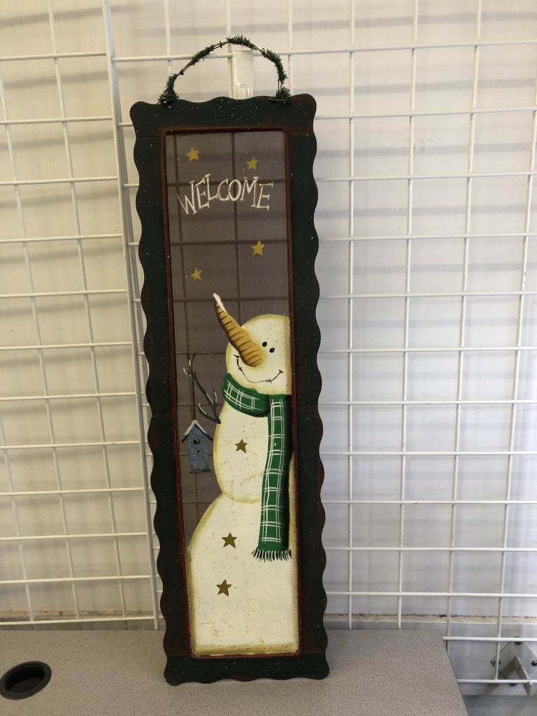 WELCOME SNOWMAN PAINTED ALUMINUM DOOR HANGING.