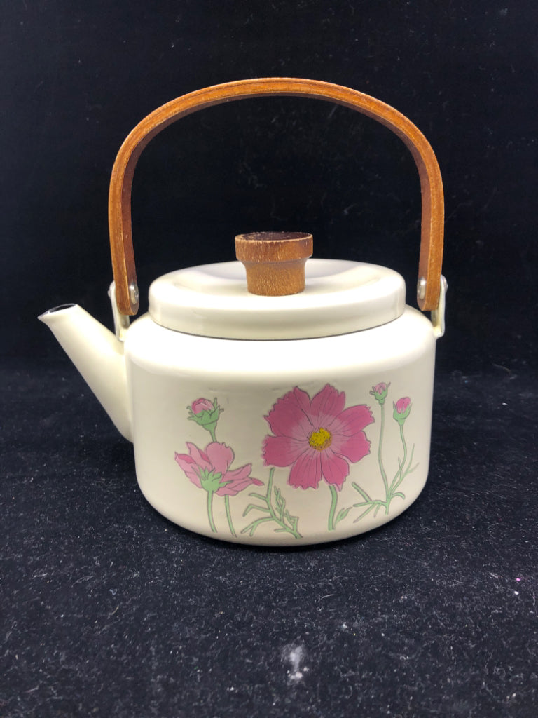 VTG CREAM FLORAL METAL TEA KETTLE.