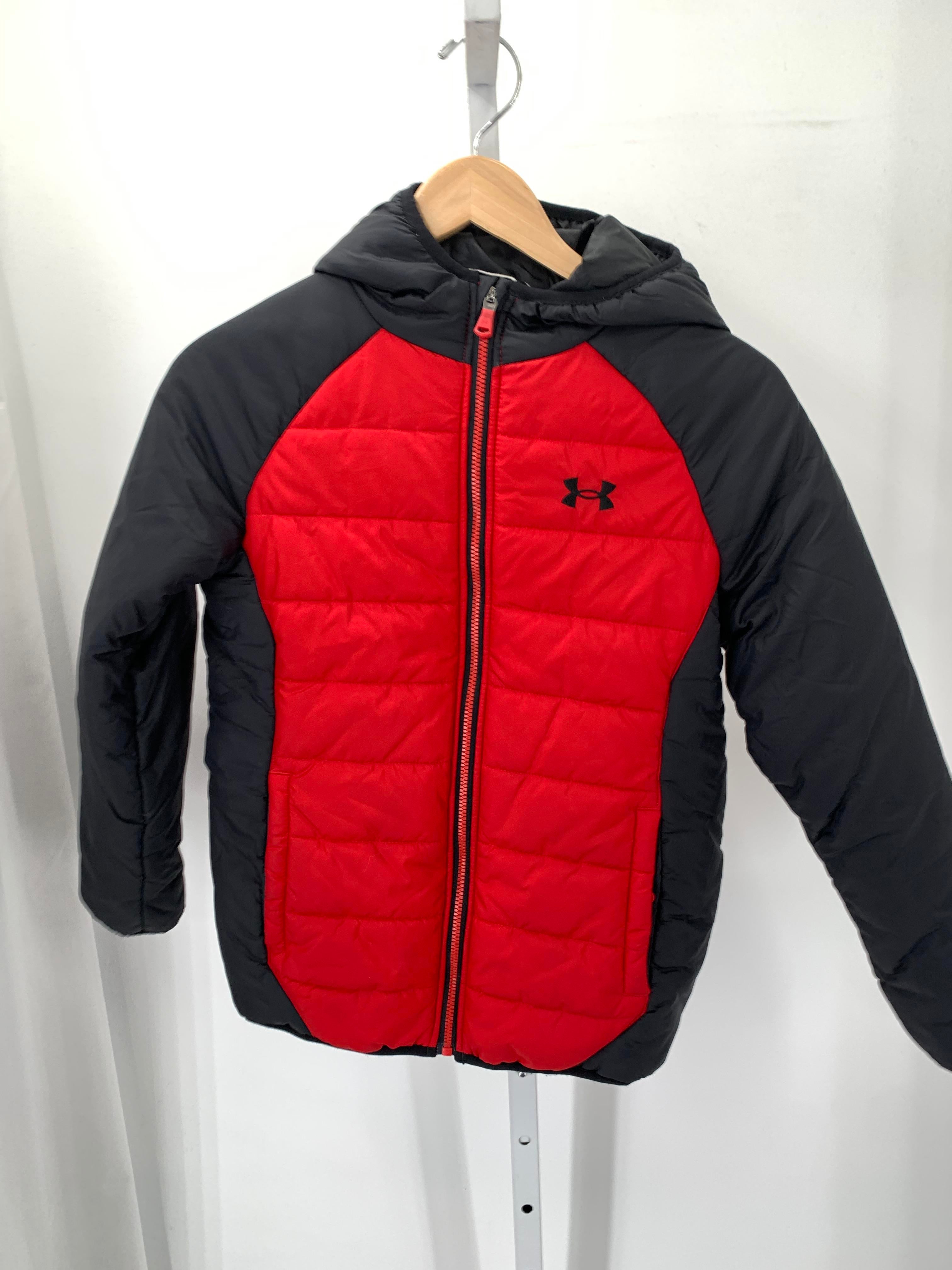 RED HOODED ZIP PUFF JACKET.