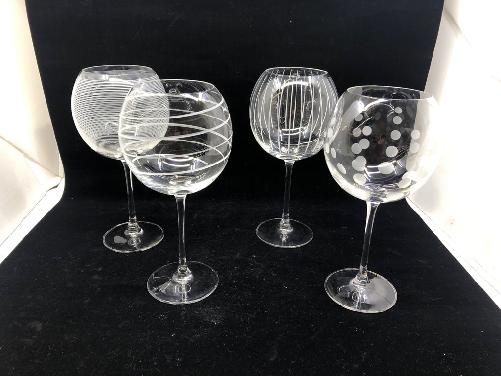 4 LARGE ETCHED WINE GLASSES.