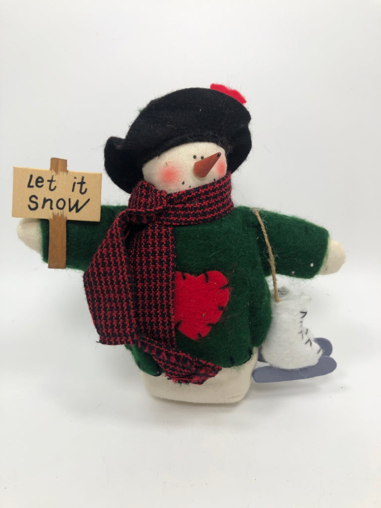 FABRIC SNOWMAN W/ICE SKATES AND SIGN DECOR.