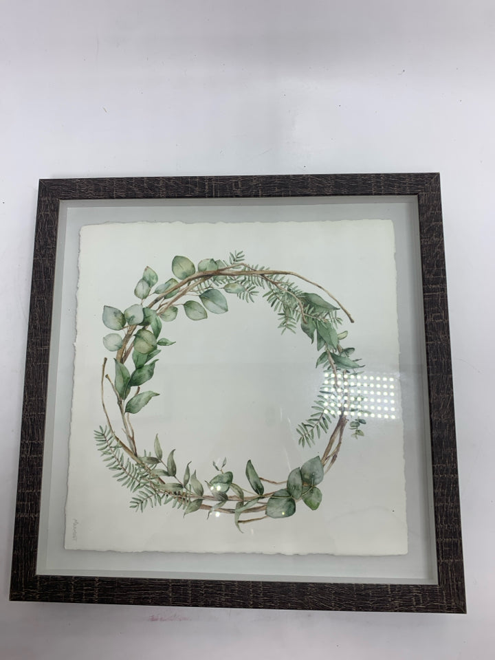 PAINTED WATERCOLOR WREATH IN GRAY FRAME.