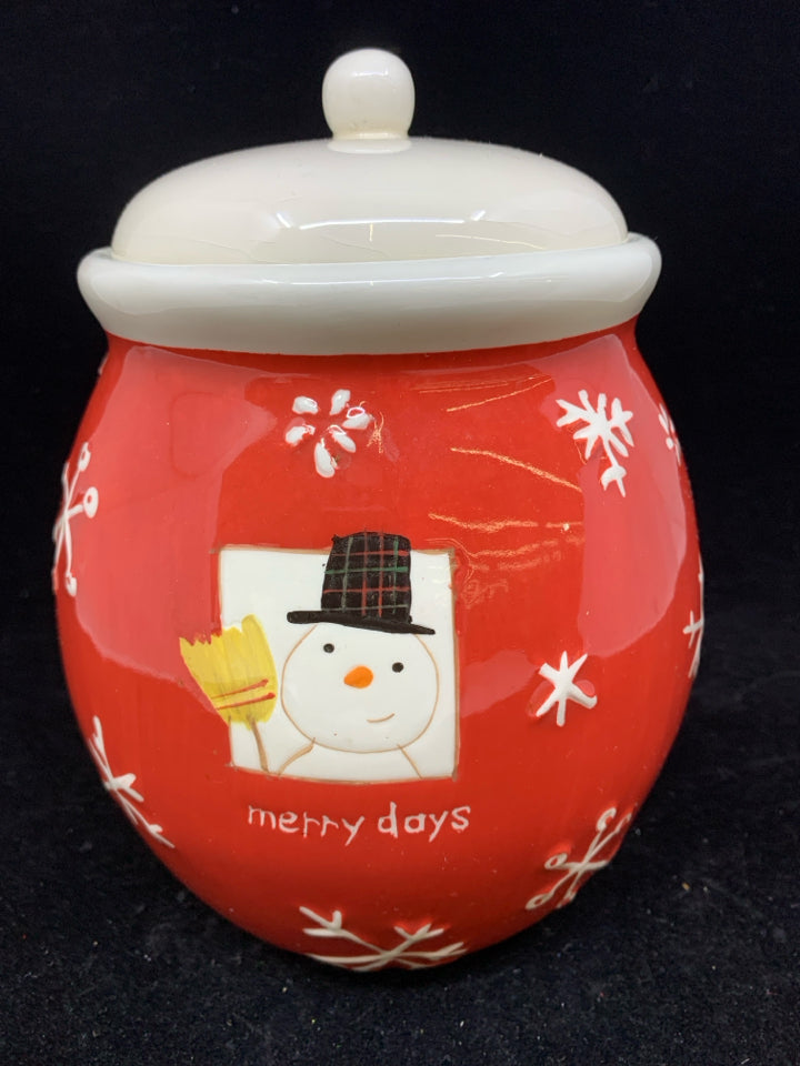 RED CERAMIC CANISTER W/ EMBOSSED SNOWFLAKES/SNOWMAN.