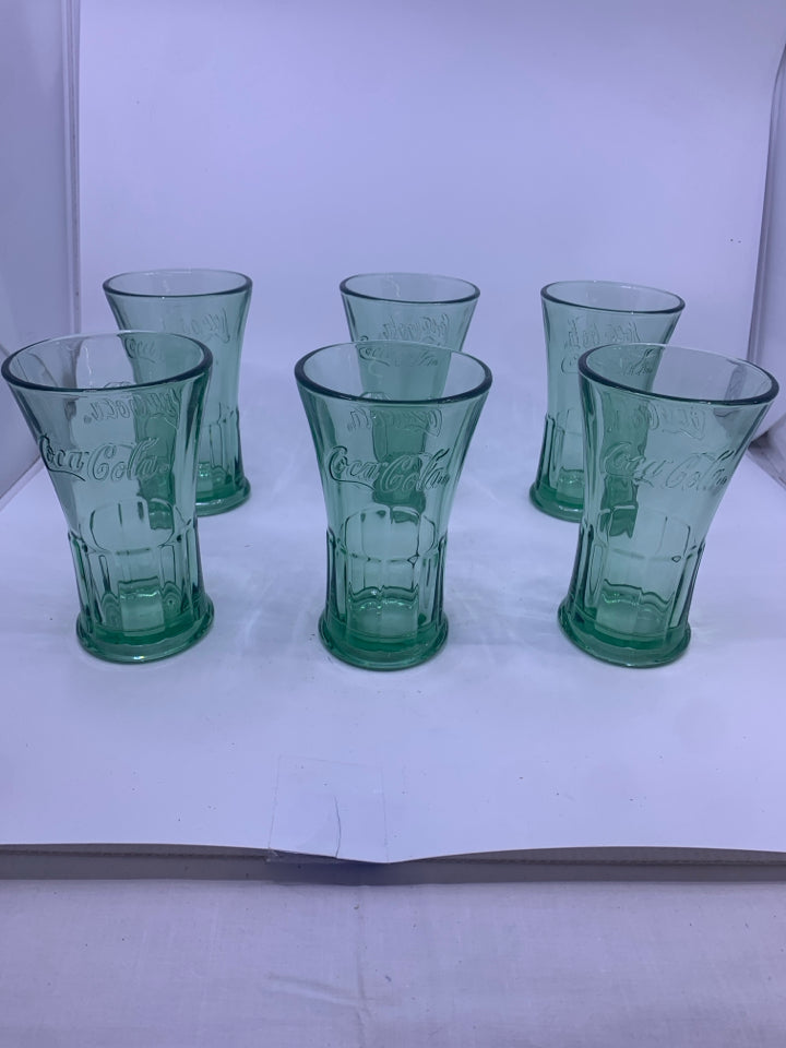 6 GREEN TINT COCA-COLA GLASSES W SLIGHT FLARE.