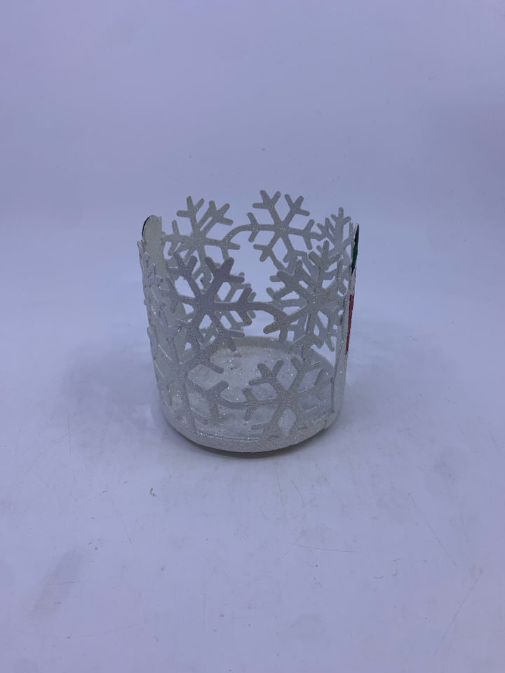 WHITE GLITTER METAL SNOWMAN CANDLE SLEEVE.