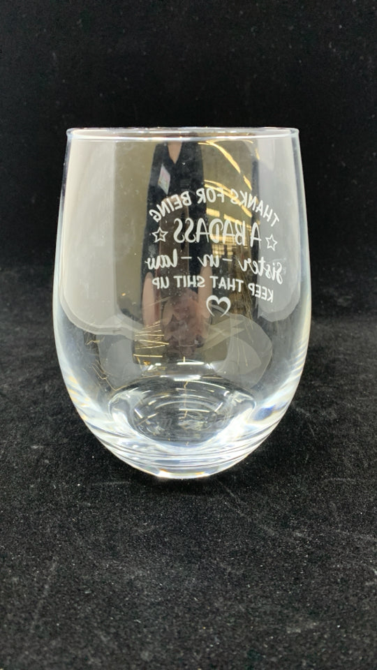 SISTER IN LAW STEMLESS WINE GLASS.