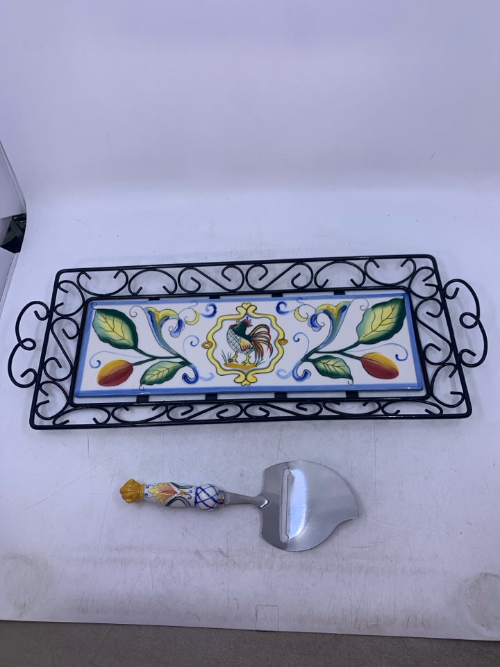 2 PC RICAMO METAL/CERAMIC TRAY W/ CHEESE KNIFE.