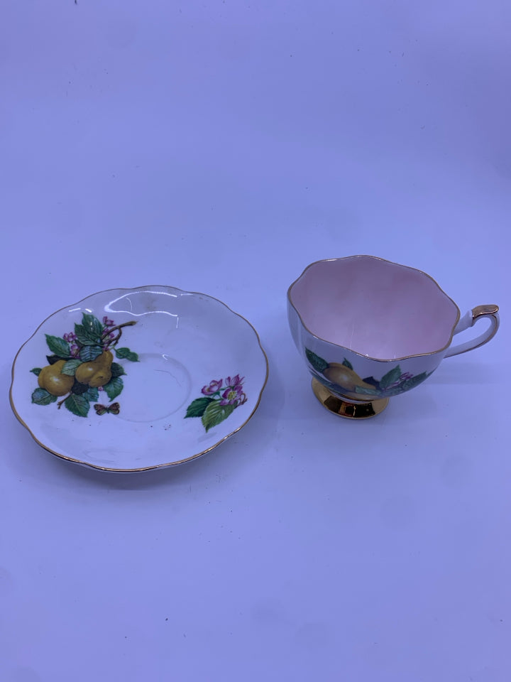 QUEEN ANNE PEAR PATTERN TEACUP AND SAUCER.