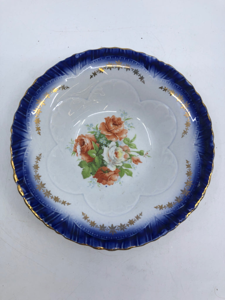 VTG ROYAL BLUE, PEONIES PAINTED BOWL.