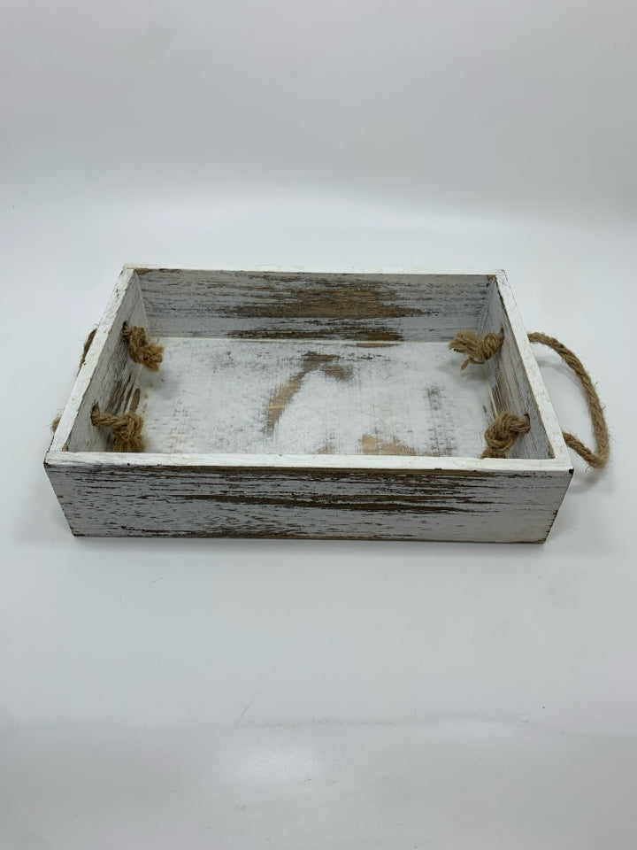 WHITE WASHED WOOD TRAY W/TWINE HANDLES.
